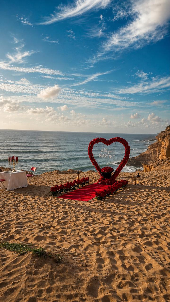 A heart-shaped wedding arch on a beach with a red carpet.