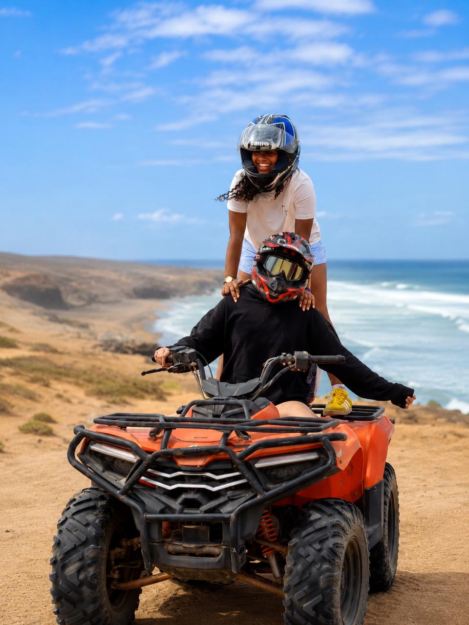 A man and woman riding a quad in the dunes. — Timlaline / Timlalin dunes quad tour photo, Agadir Morocco