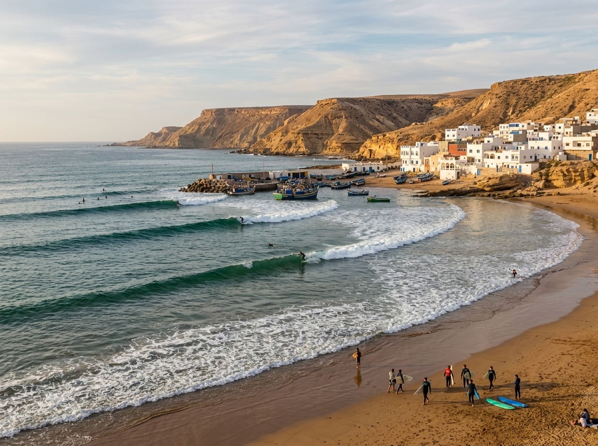 Imsouane beach with people and surfboards