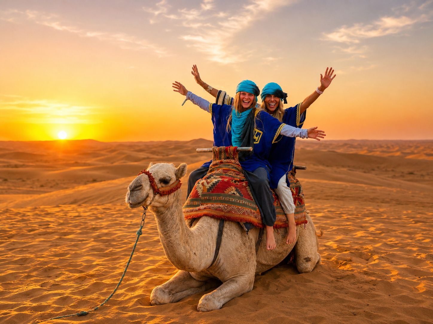 Two women riding a camel in the desert with Timlaline Adventure Pack. — Timlaline / Timlalin dunes quad tour photo, Agadir Morocco